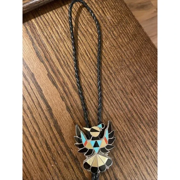 VTG Zuni THUNDERBIRD NATIVE AMERICAN BOLO TIE-TURQUOISE Onyx Sterling MOP Coral - Picture 2 of 5